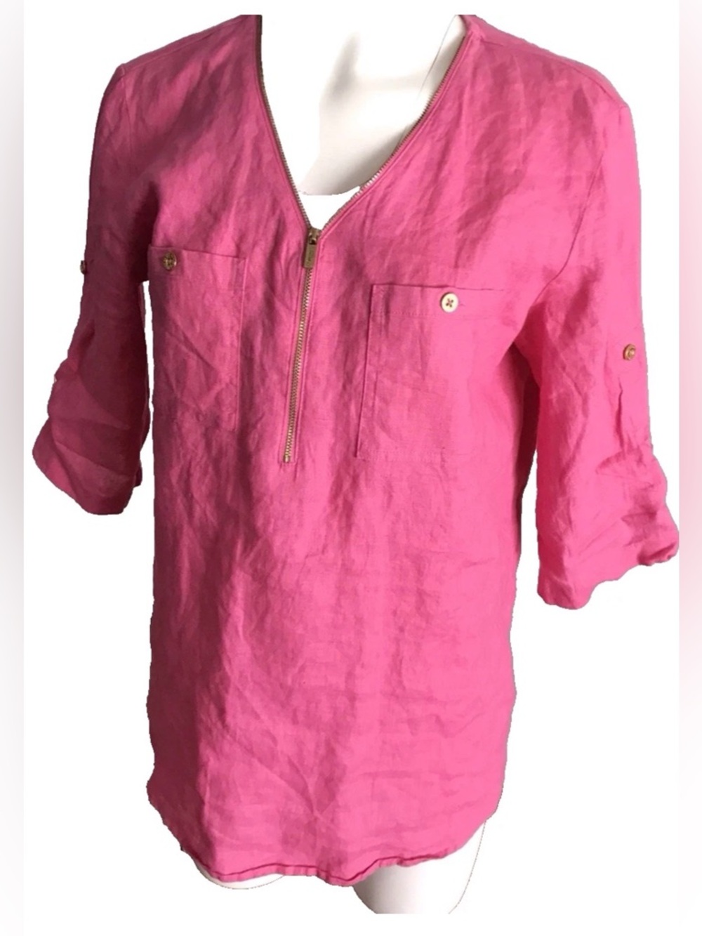 Company Ellen Tracy Linen Roll Tab Sleeve Tunic Top Sz M Peony Coastal Zip Neck